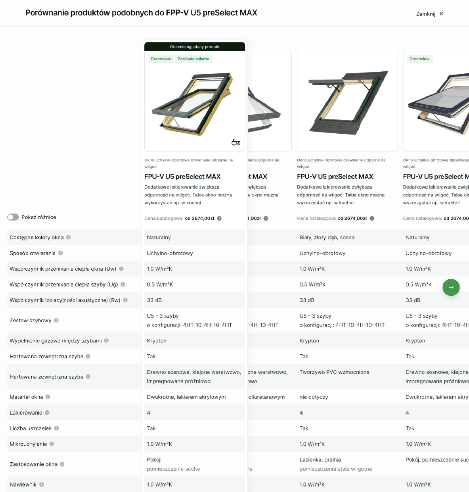 Product comparison modal opened from the product card
